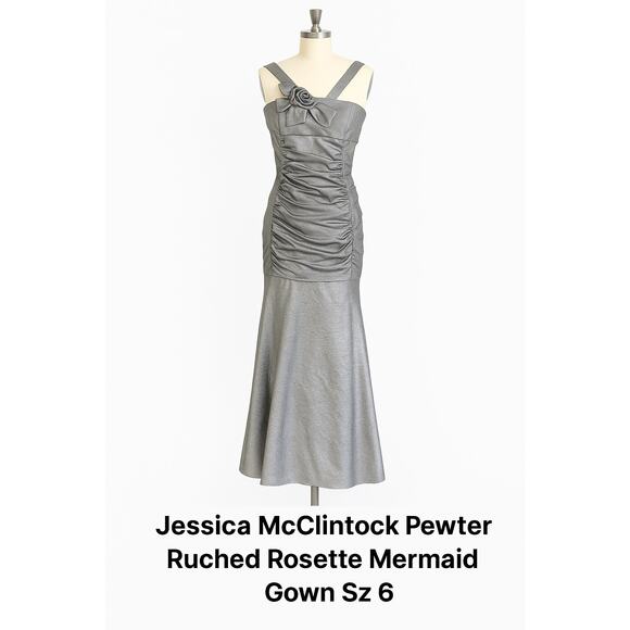 Vintage Jessica McClintock Pewter Silver Rosette Ruched Metallic Mermaid Gown  6 - Picture 1 of 11